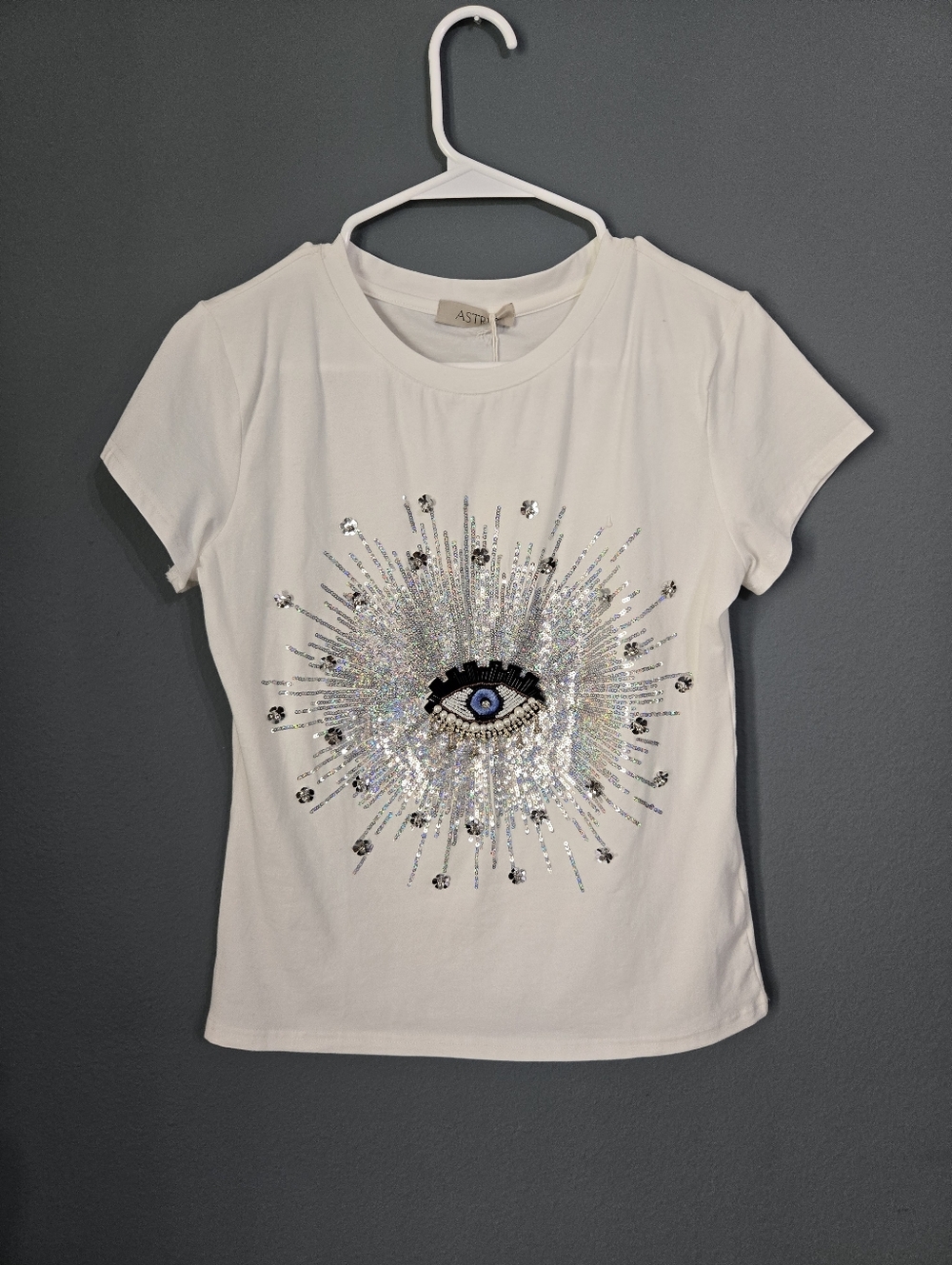 Astr White Tee with Sequin Eye Burst